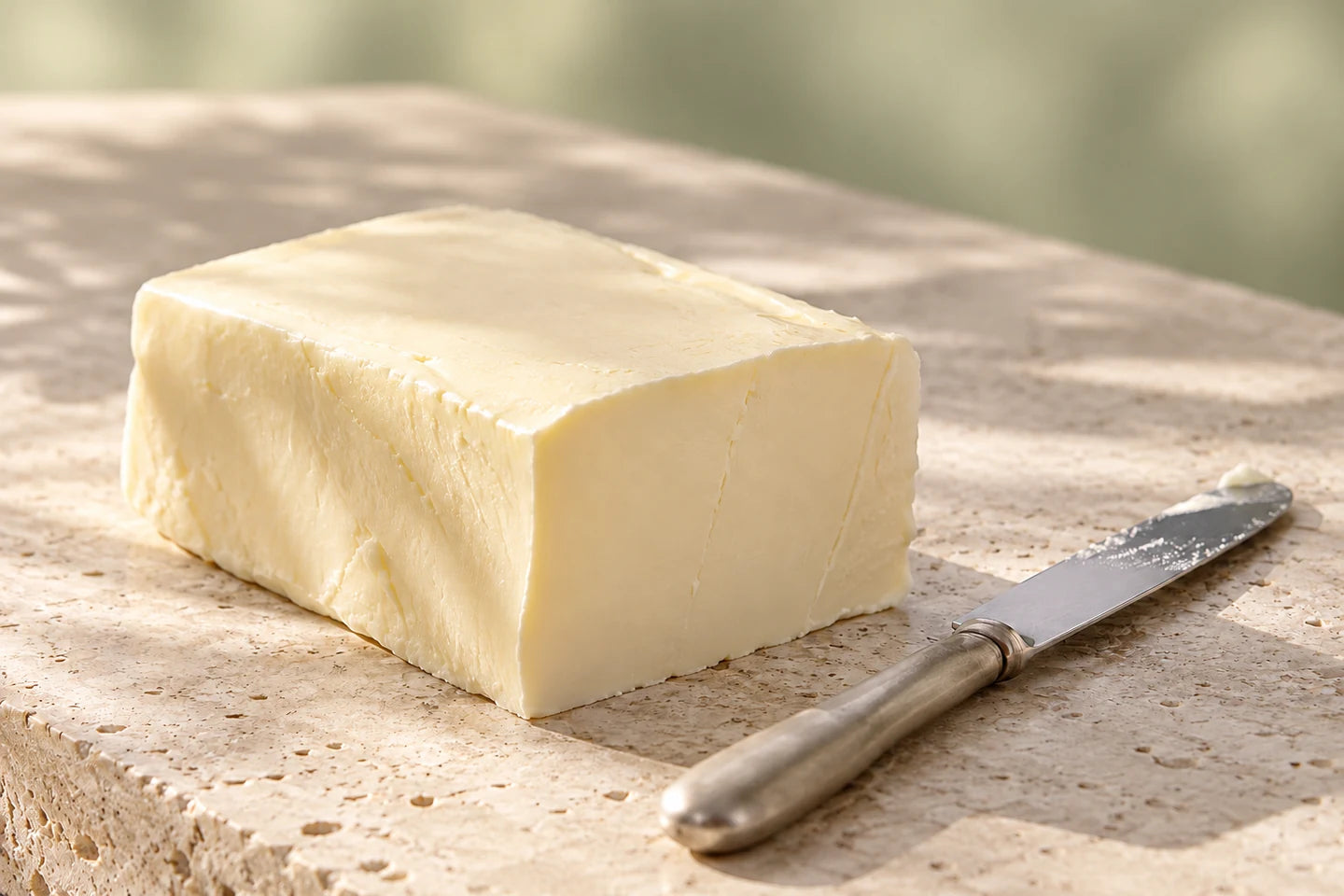 Illustrative Darstellung: Hydriertes Pflanzenöl als fester Block mit Buttermesser