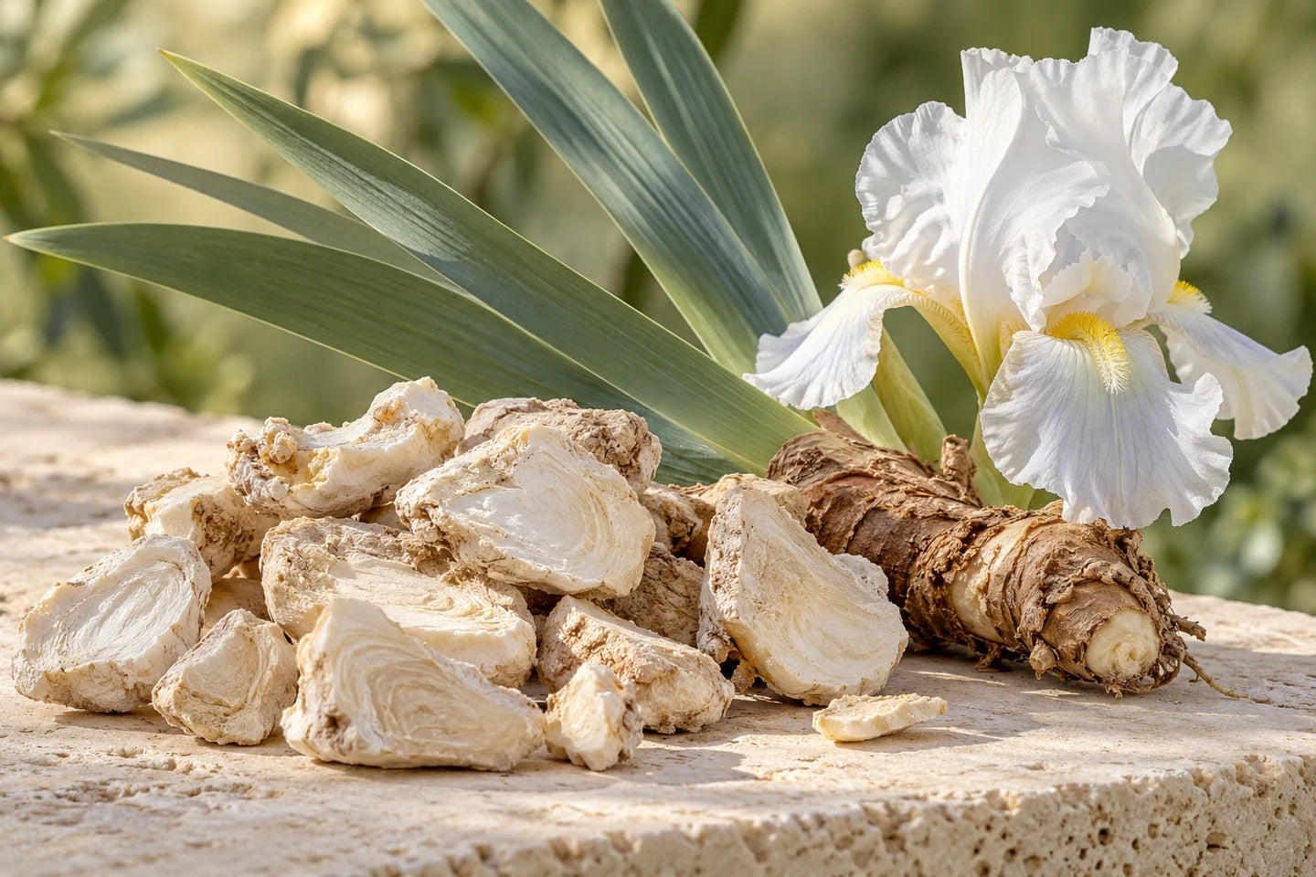 Geschälte cremeweiße Veilchenwurzelstücke und ein frischer Wurzelstock mit Blattfächer neben einer weißen Schwertlilienblüte
