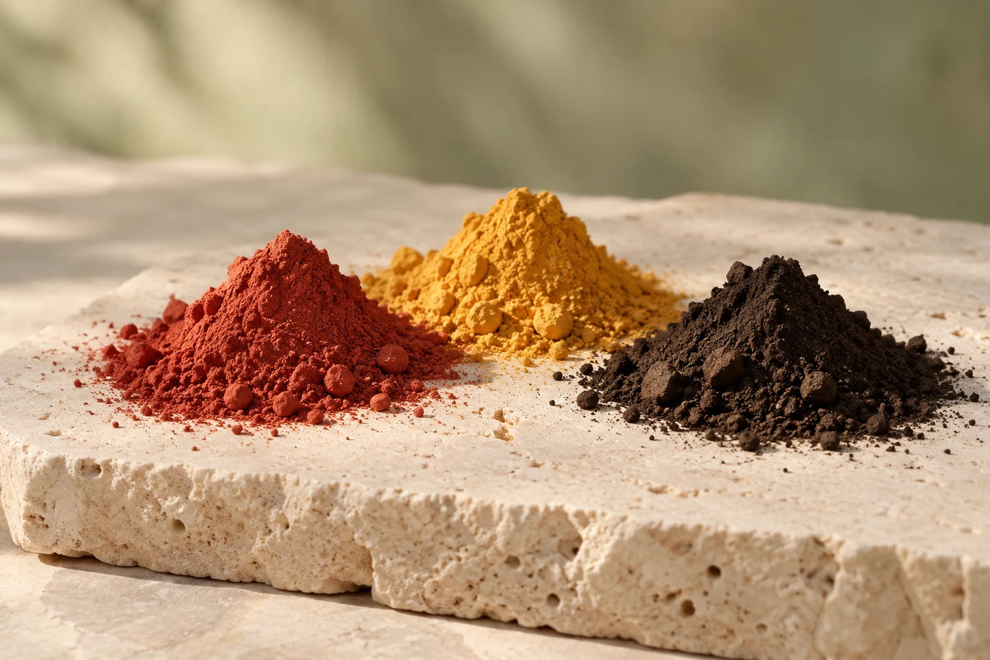 Illustrative Darstellung: Rotes, ockergelbes und schwarzbraunes Eisenoxidpigment