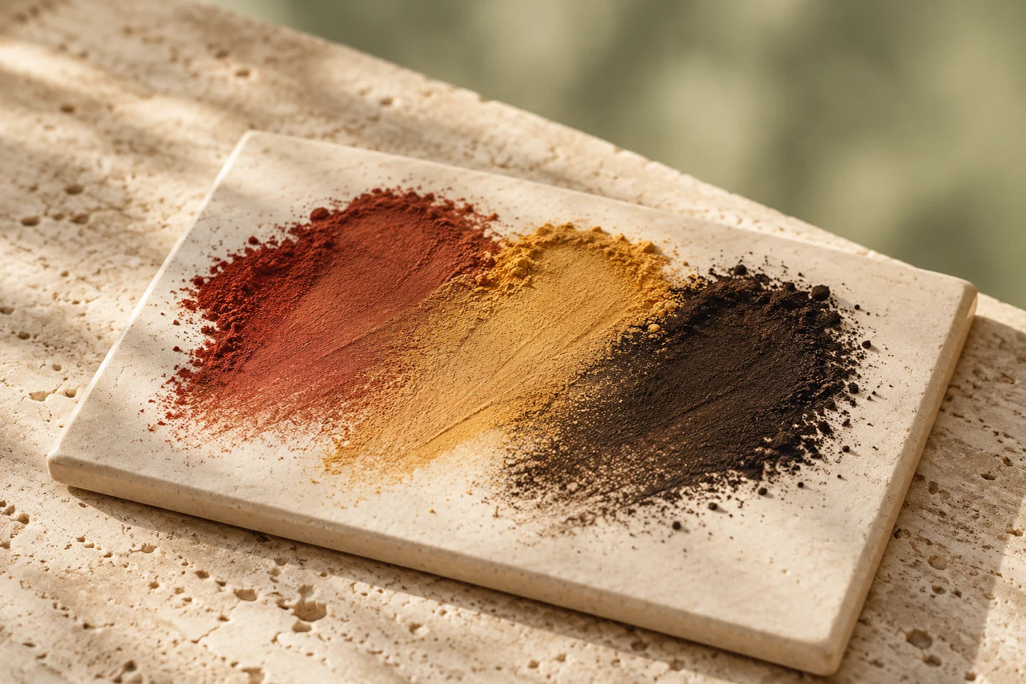 Illustrative Darstellung: Rote, ockergelbe und schwarzbraune Pigmente als Farbstriche auf einer Fliese