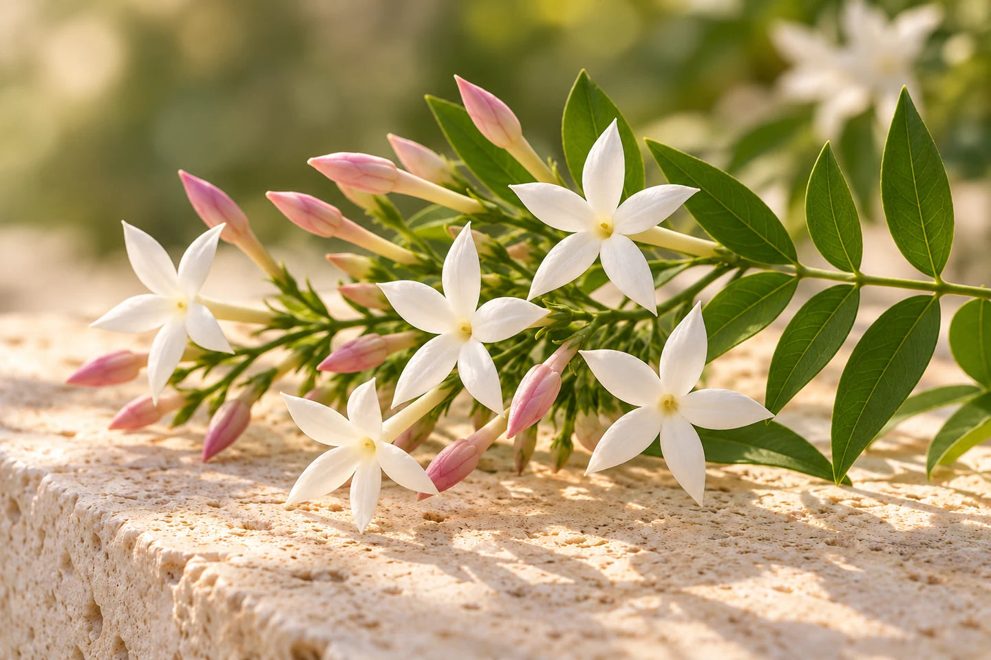 Weiße, fünfzipfelige Blüten und rosa Knospen des Echten Jasmins an Zweigen mit gefiederten Blättern