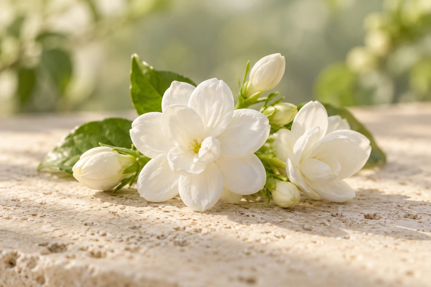 Weiße Blüten und Knospen des Arabischen Jasmins