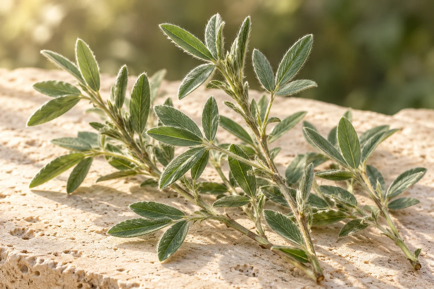 Aufrechte Stängel von Lespedeza capitata mit silbrig behaarten, dreizähligen Blättern