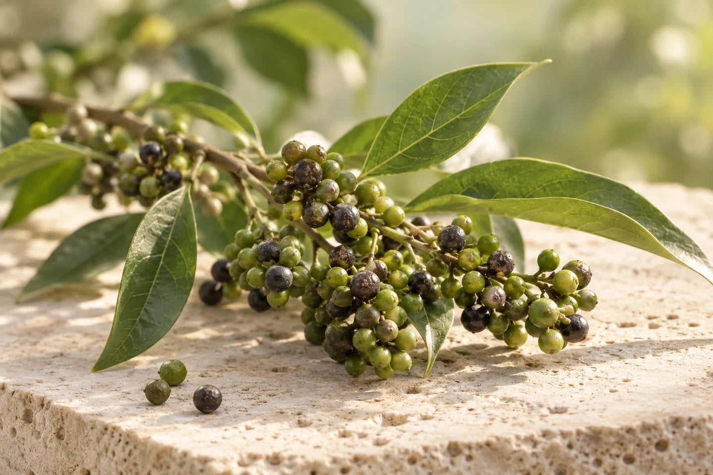 Zweig mit kleinen runden Litsea-cubeba-Früchten