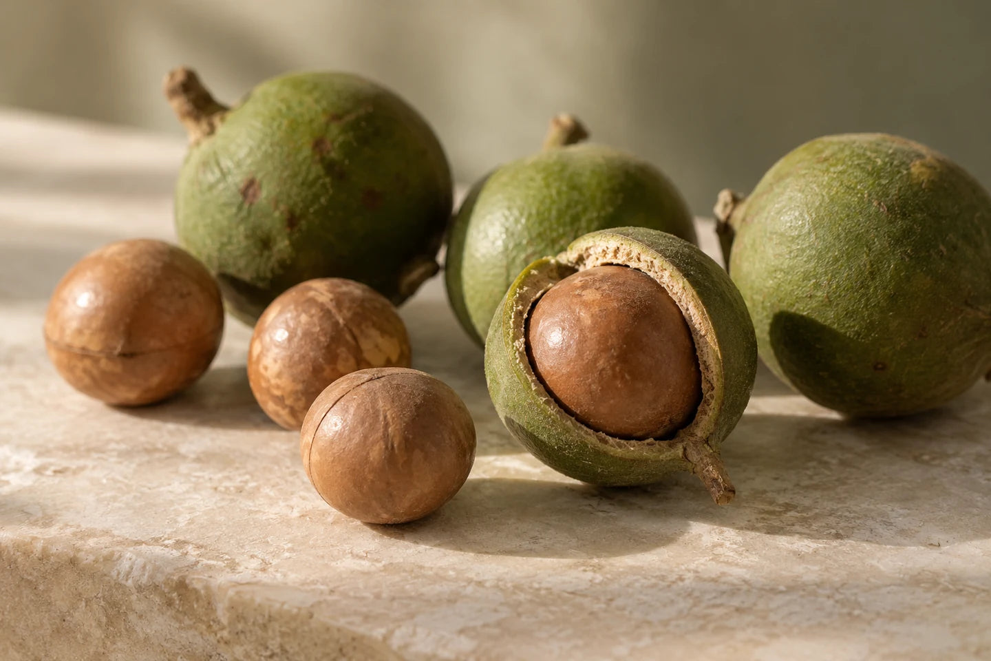 Macadamianüsse von Macadamia integrifolia, teils in der grünen Hülle
