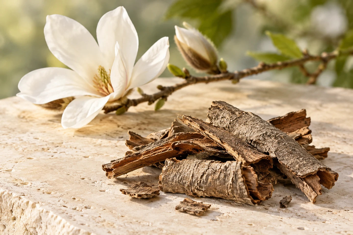 Graubraune Magnolienrinde, dahinter ein Zweig mit weißer Blüte