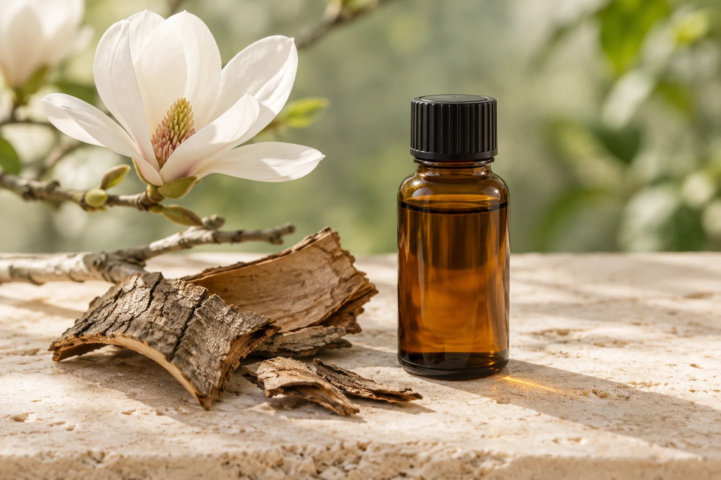 Illustrative Darstellung: Magnolienrindenextrakt in einem Braunglasfläschchen neben Rindenstücken