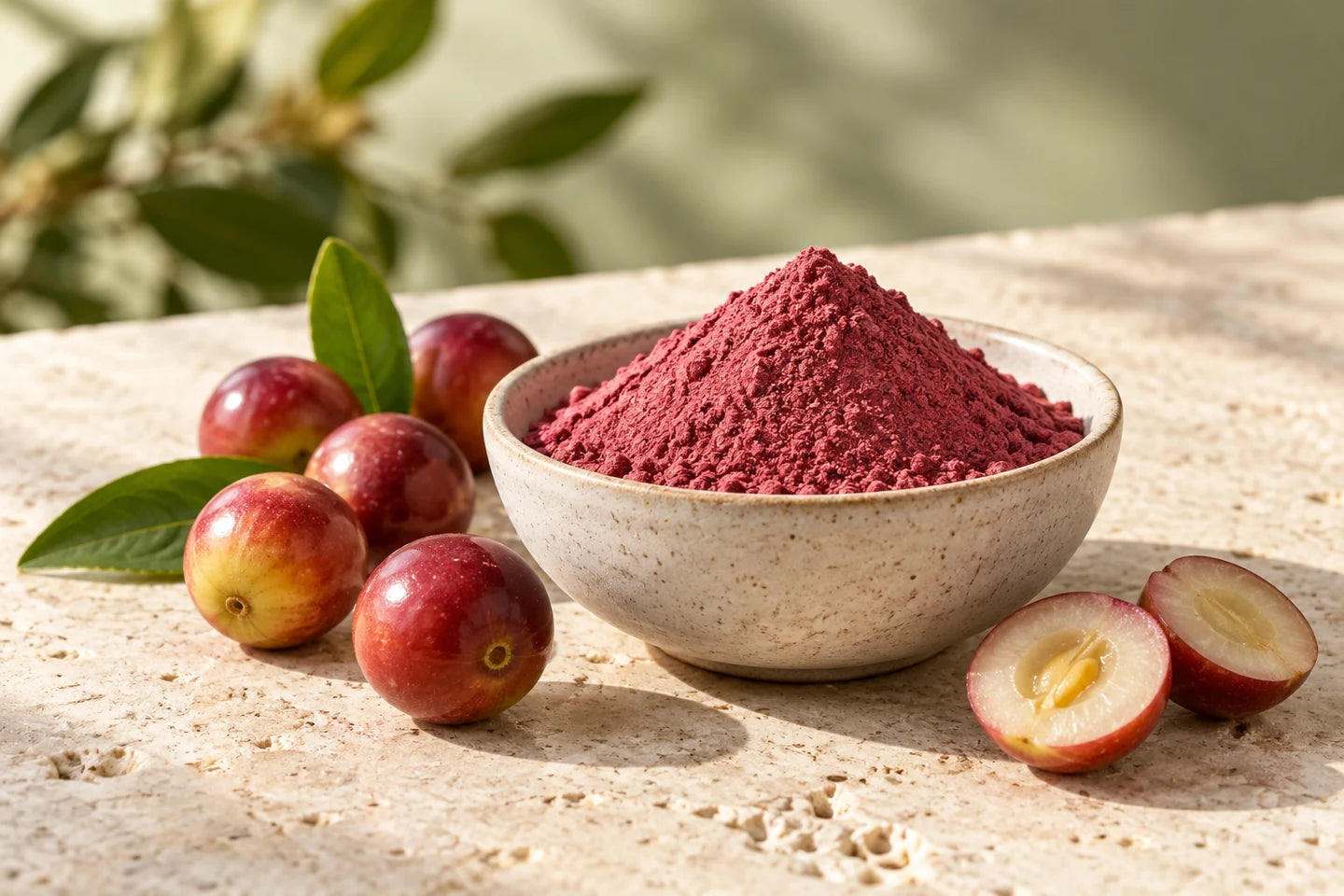 Illustrative Darstellung: Rosa-rotes Camu-Camu-Fruchtpulver in einer Keramikschale neben Beeren