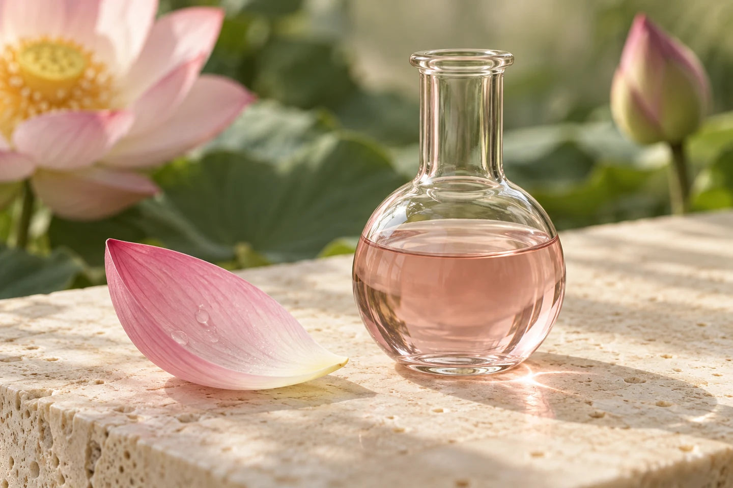 Illustrative Darstellung: Lotosblütenextrakt in einem Glaskolben mit einem rosa Blütenblatt