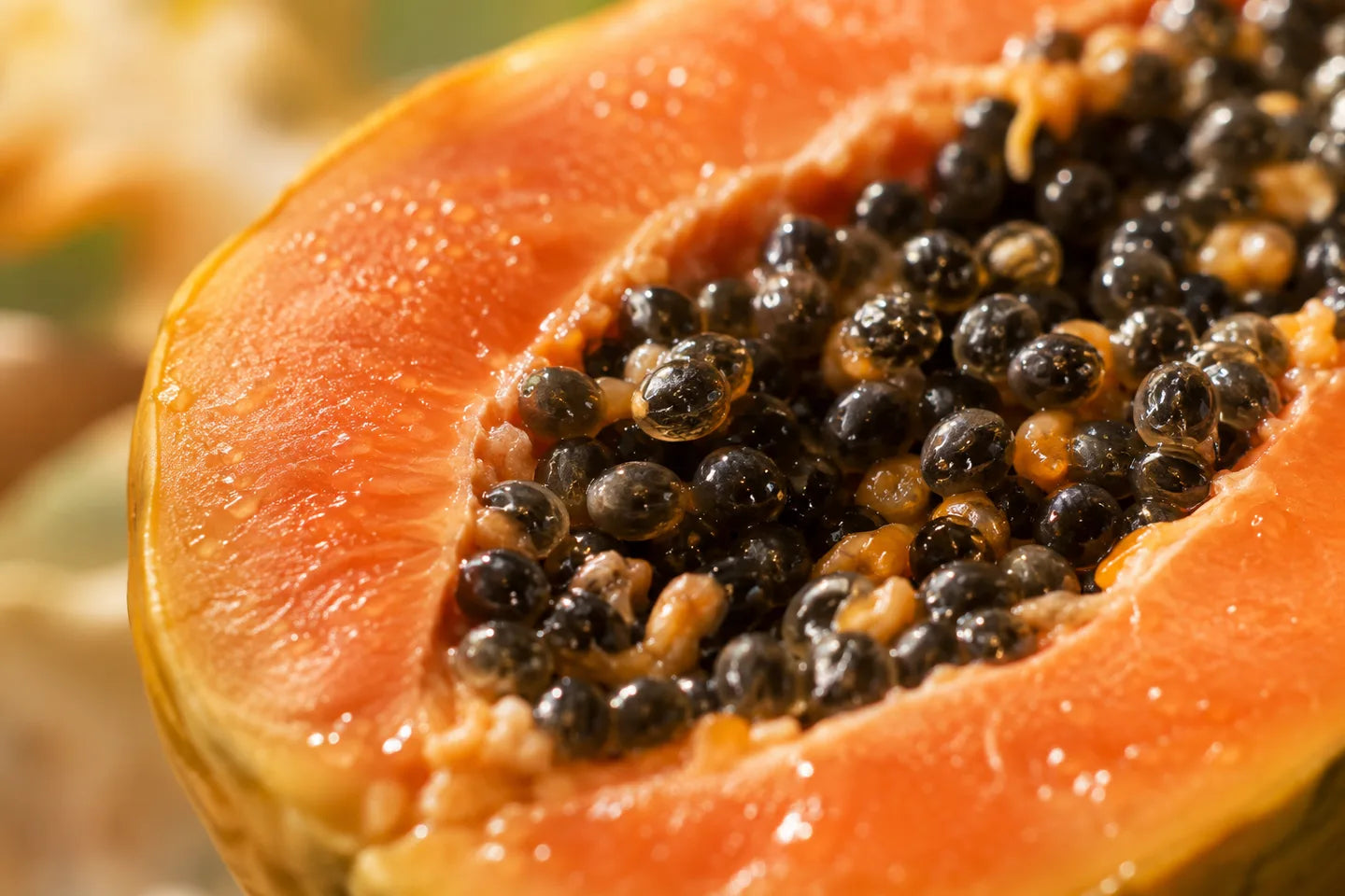 Angeschnittene Papaya mit dunklen Samen