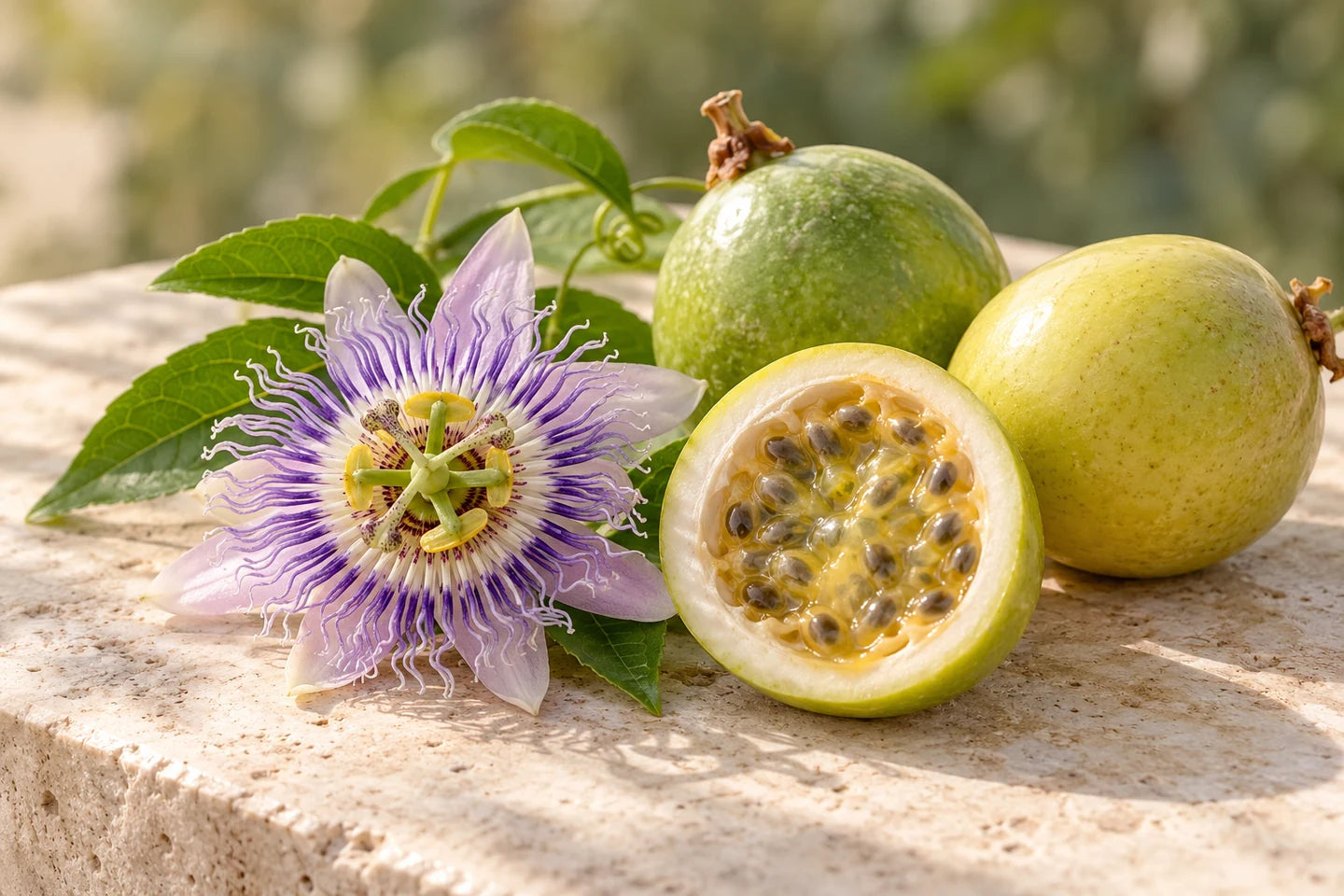 Grüngelbe Früchte der Passionsblume, eine aufgeschnitten mit Samen, daneben eine violett-weiße Passionsblüte