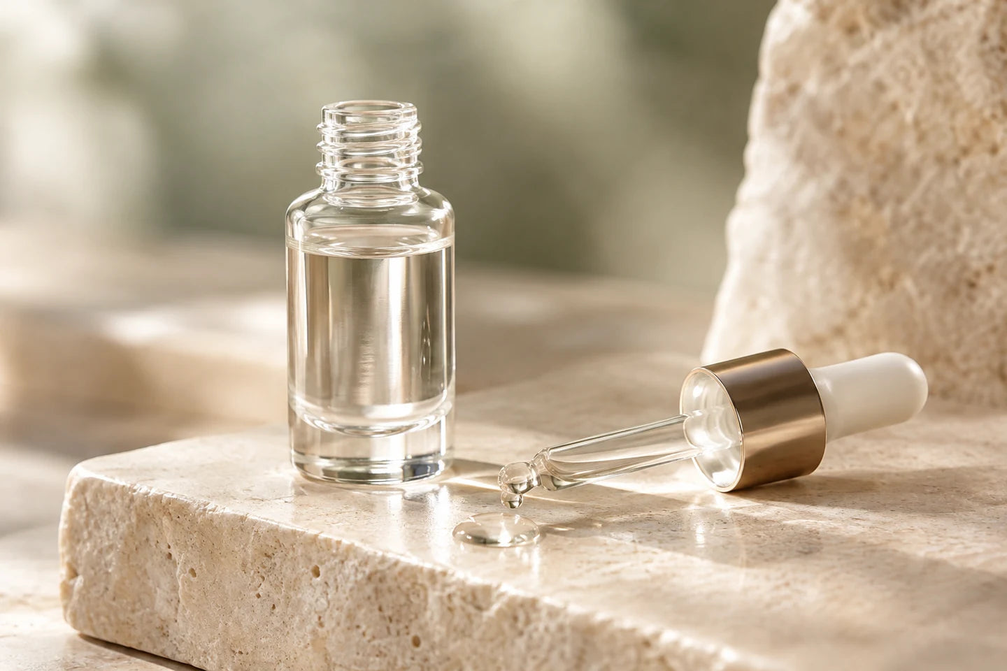 Illustrative Darstellung: Pinen als klare Flüssigkeit in einem Glasfläschchen mit Pipette