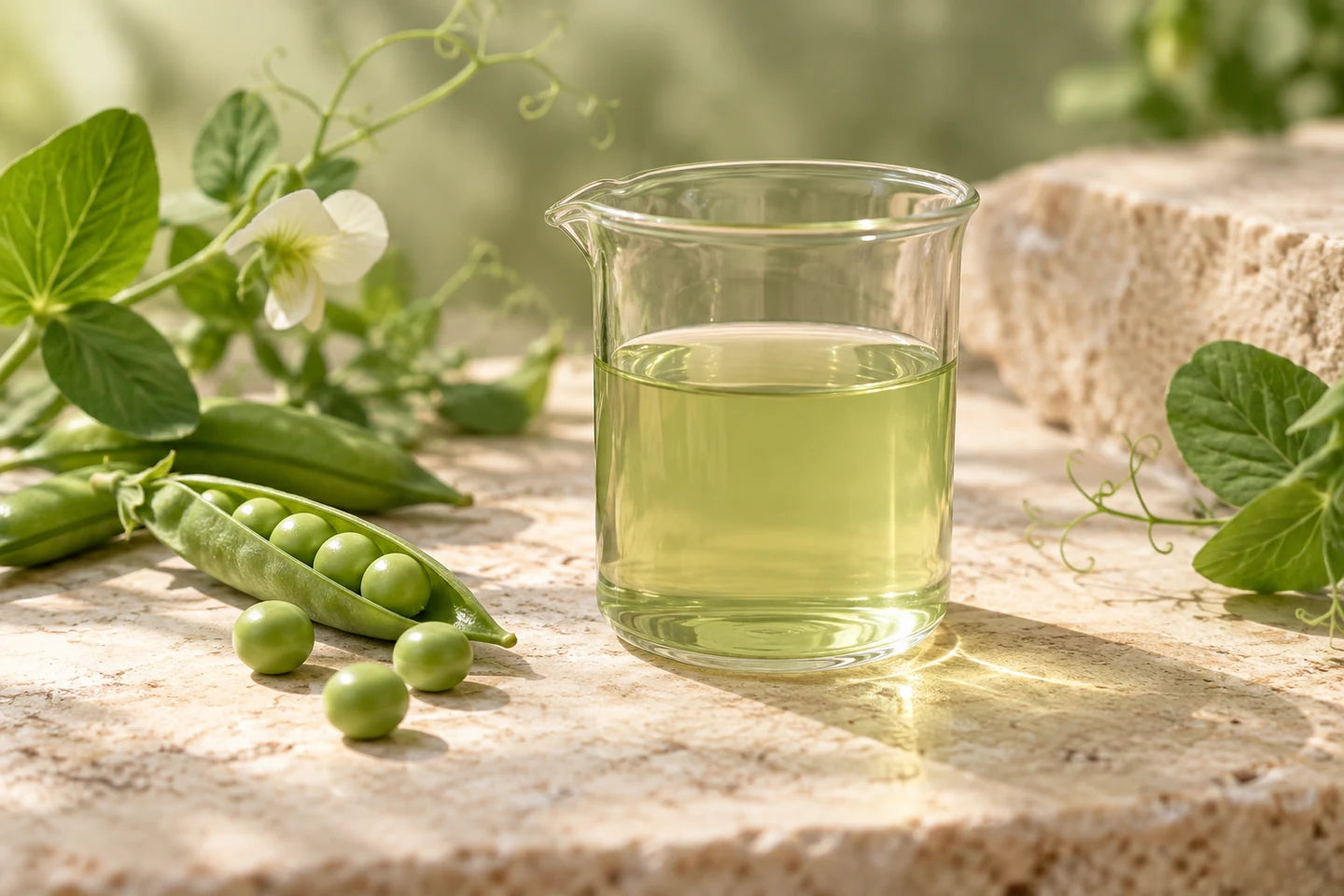 Illustrative Darstellung: Hellgrüner Erbsenextrakt in einem Becherglas neben Erbsen