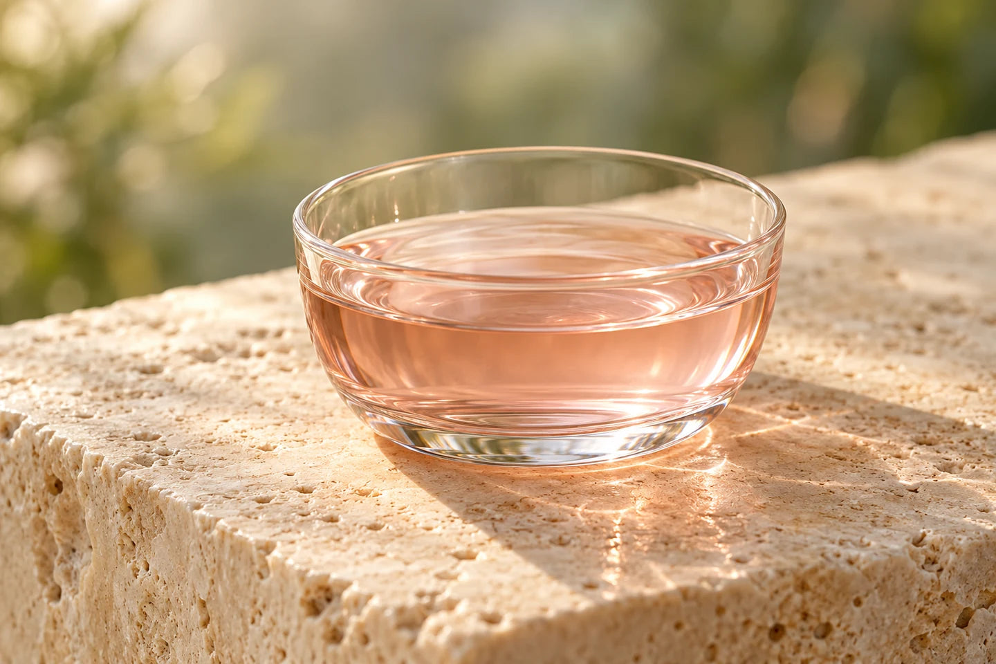 Illustrative Darstellung: Zartrosafarbener Frangipani-Blütenextrakt in einer flachen Glasschale