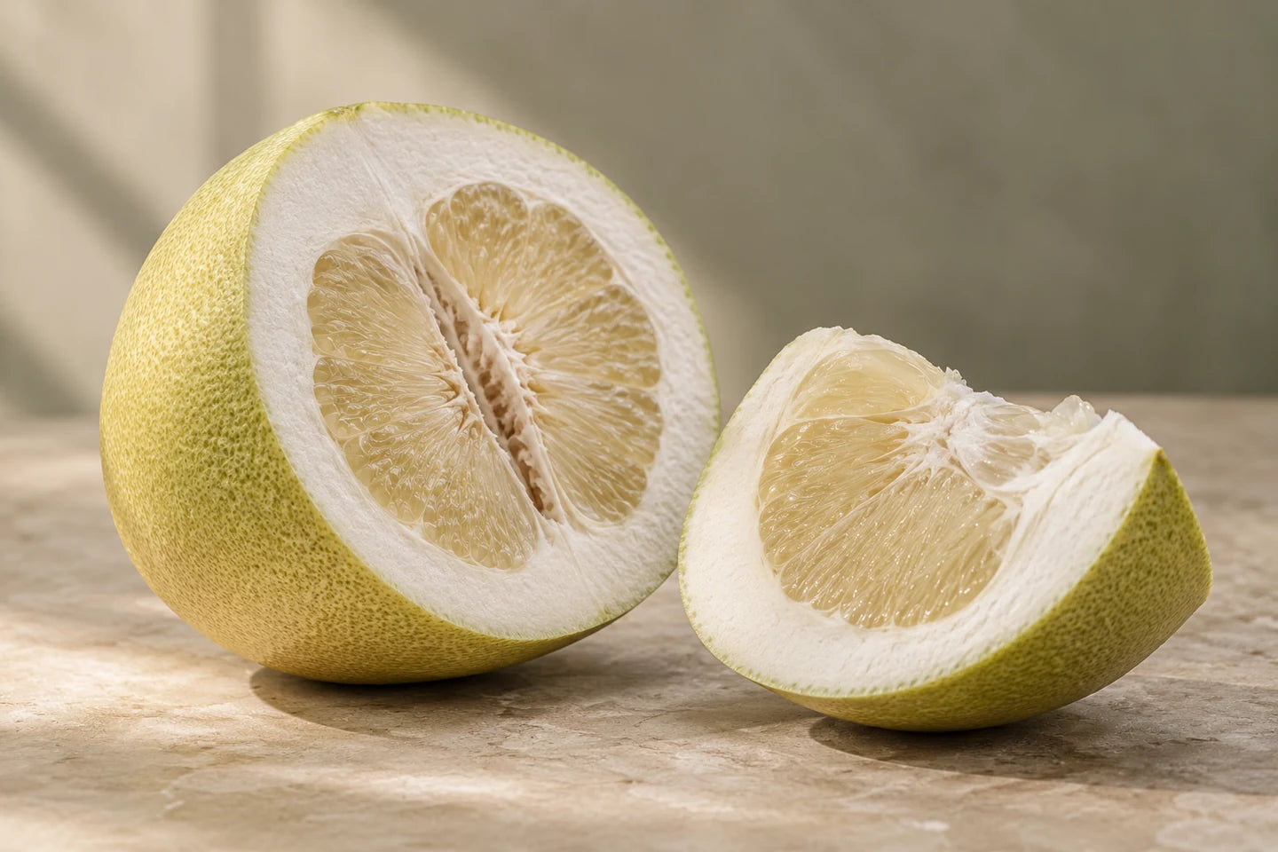 Aufgeschnittene Pampelmuse (Citrus maxima, syn. Citrus grandis)