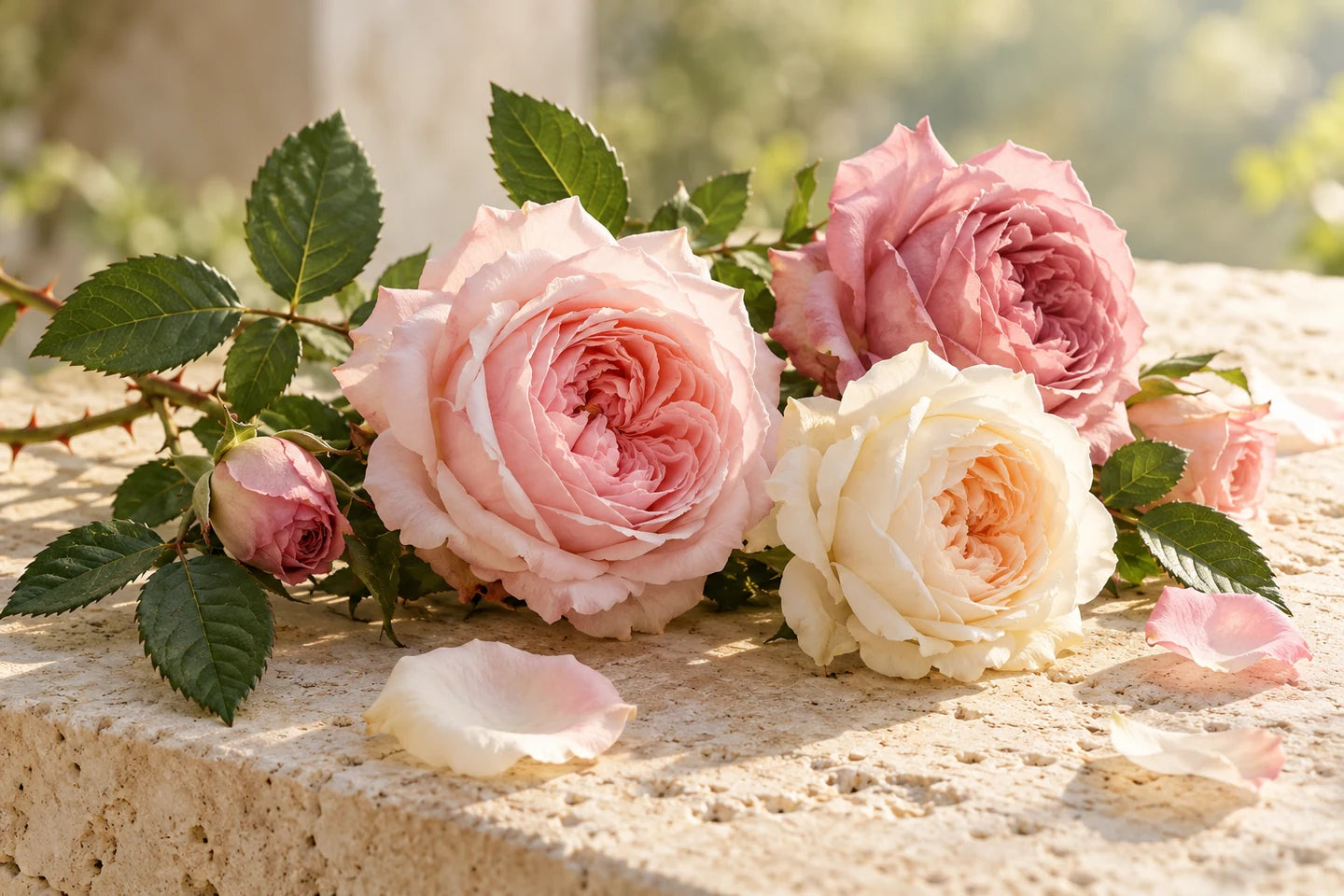 Gartenrosen in Zartrosa, Altrosa und Creme mit gefiederten, gesägten Blättern und einzelnen Blütenblättern