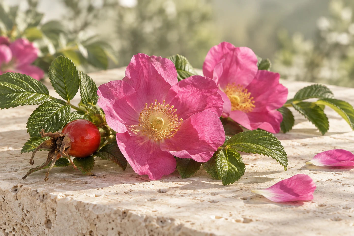 Offene magentafarbene Kartoffelrosen mit runzligen Blättern und einer Hagebutte