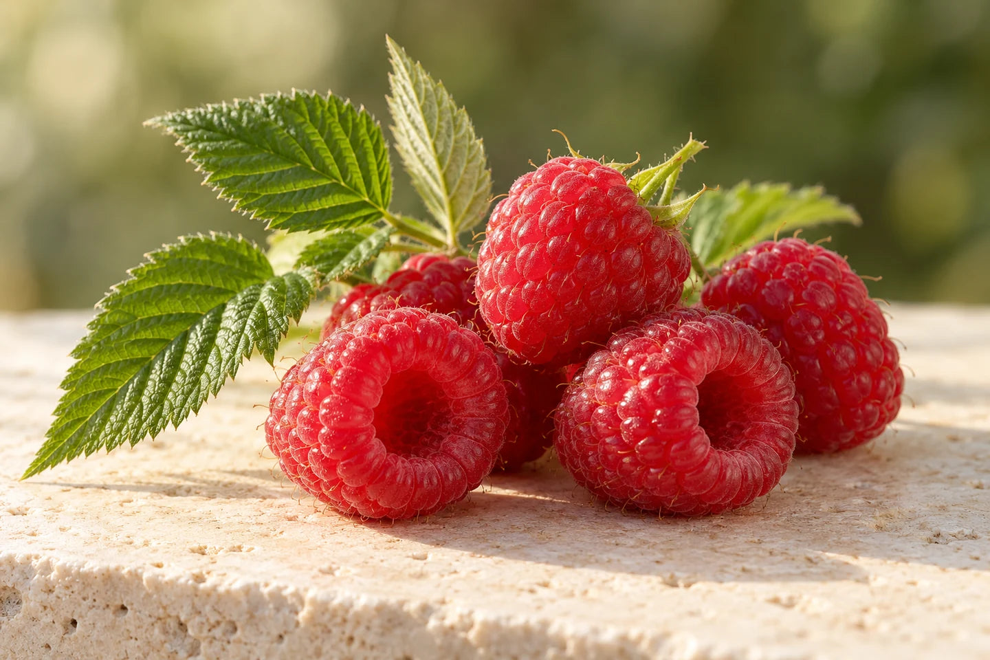 Reife Himbeeren, zwei von unten mit hohler Mitte, neben gesägten Himbeerblättern