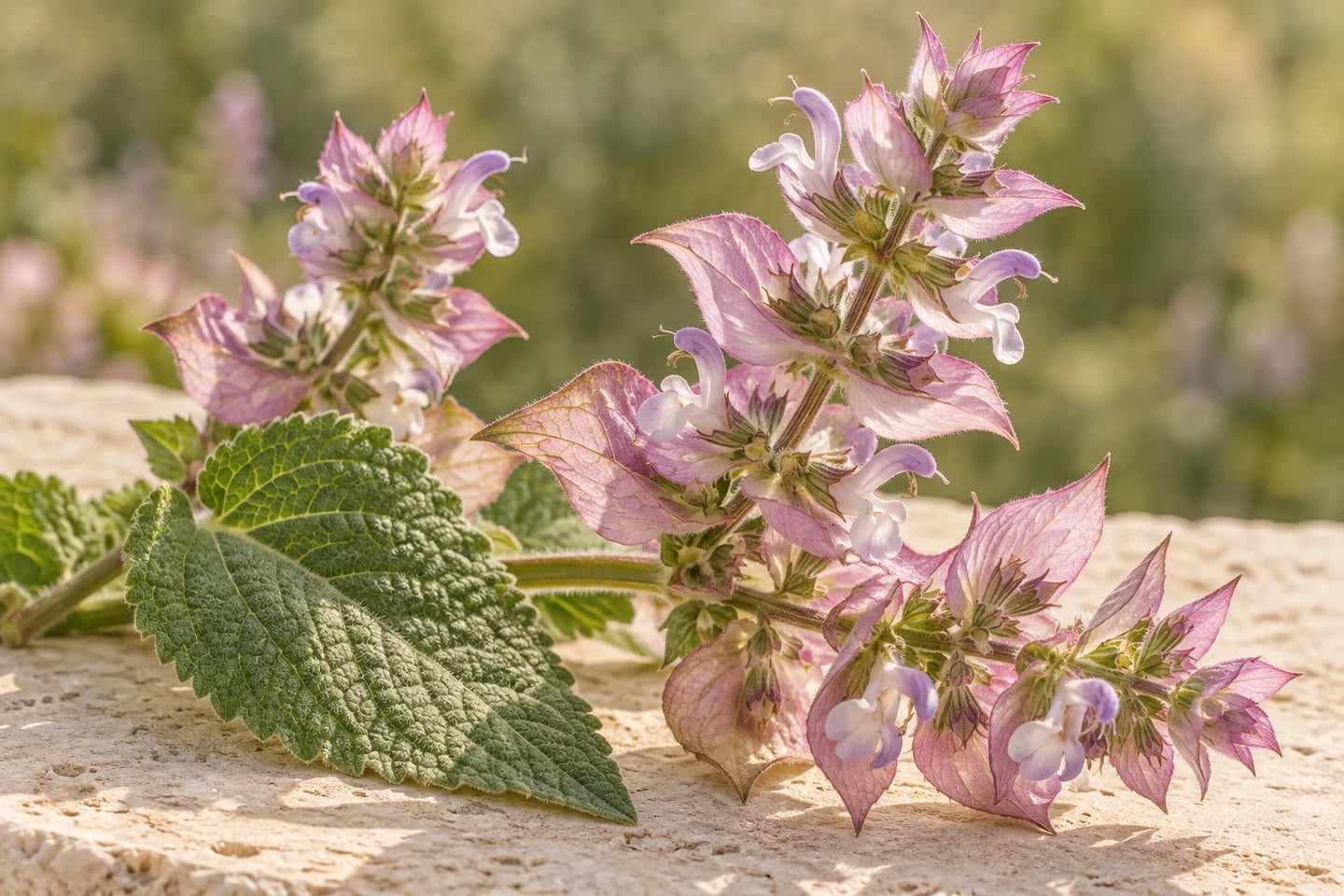 Blütenrispe des Muskatellersalbeis mit hellvioletten Lippenblüten und großen rosaviolett überhauchten Hochblättern