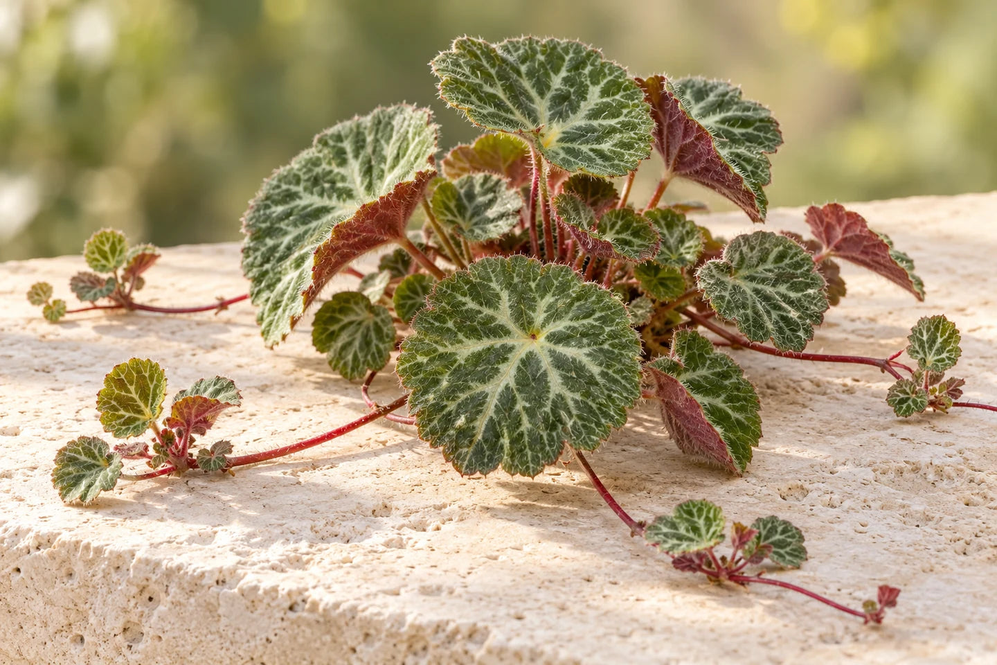 Blattrosette des Ausläufer-Steinbrechs mit rundlichen, silbrig geaderten Blättern und roten Ausläufern