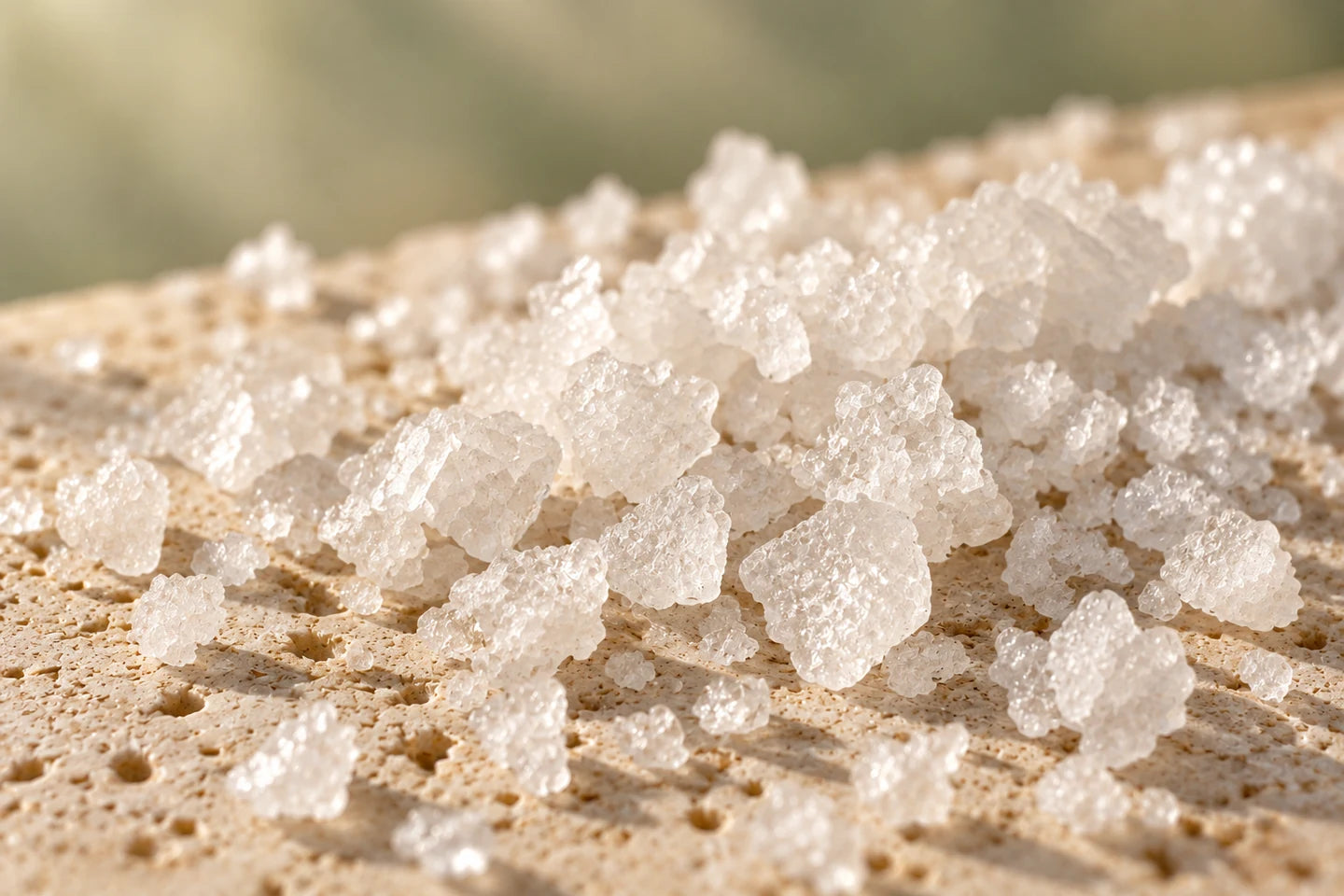 Illustrative Darstellung: Grobe Meersalzkristalle in Nahaufnahme