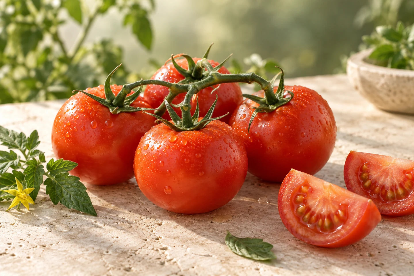 Reife rote Tomaten an der Rispe