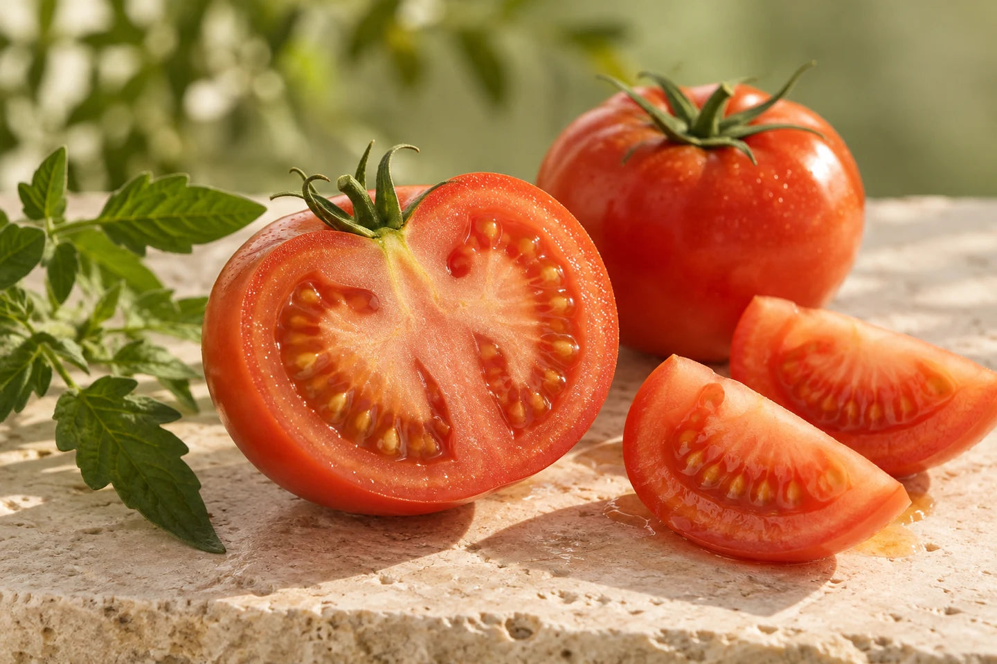 Illustrative Darstellung: Halbierte Tomate und Tomatenscheiben