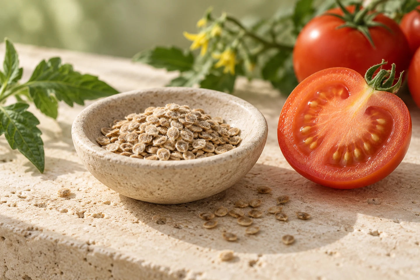 Getrocknete Tomatensamen in einer Schale neben einer halbierten Tomate