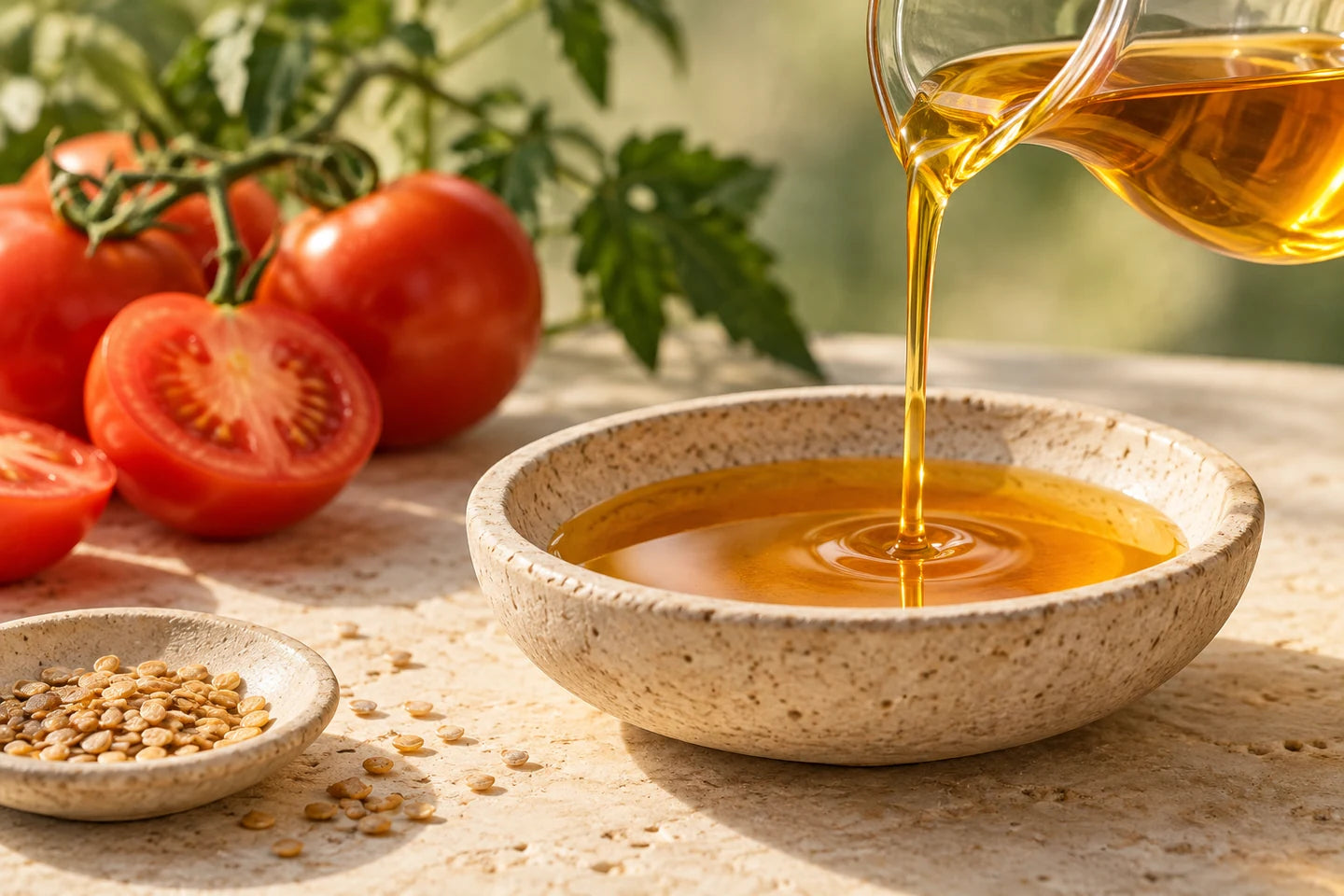 Illustrative Darstellung: Goldorangefarbenes Tomatensamenöl fließt in eine flache Schale