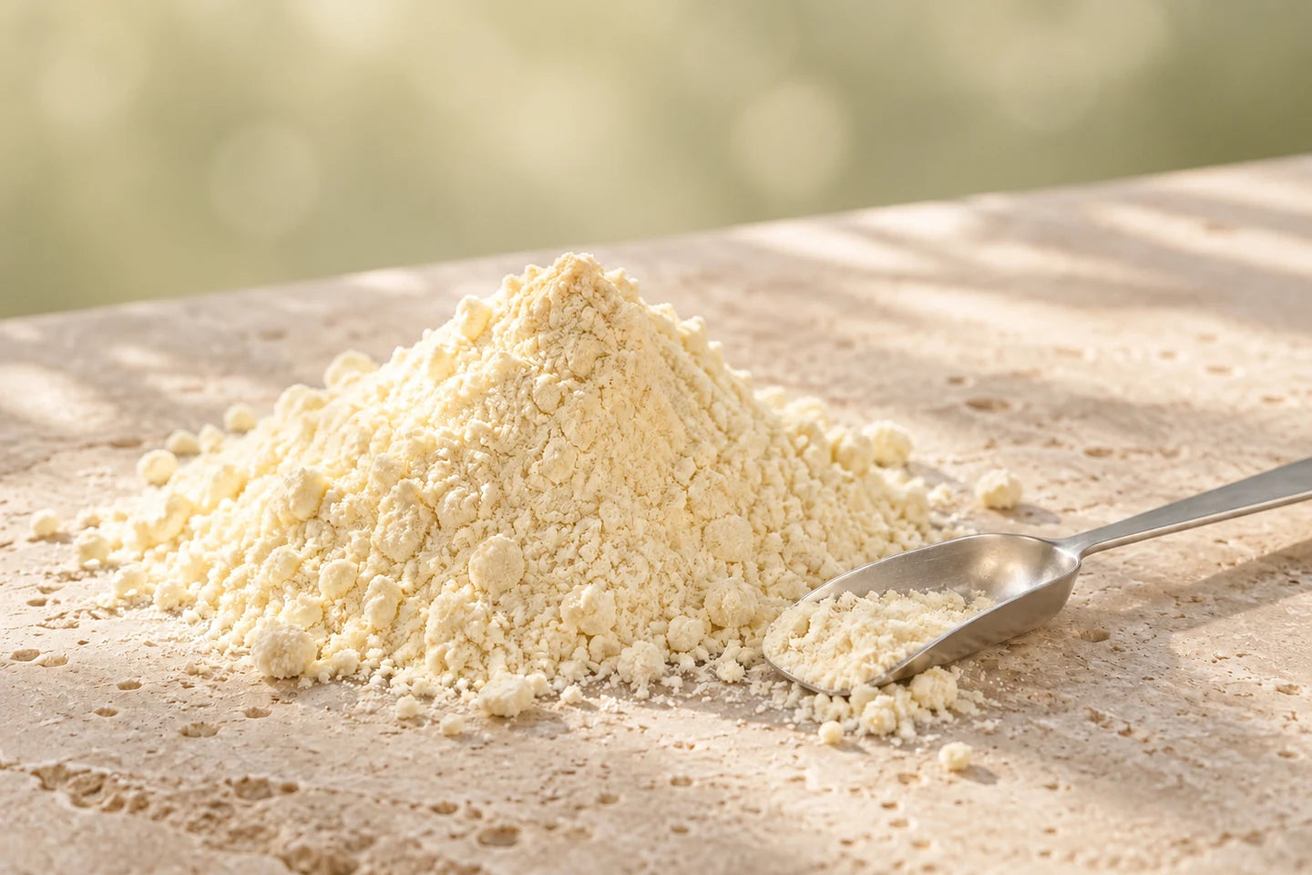 Illustrative Darstellung: Soja-Isoflavone als feines, cremegelbes Pulver mit Spatel
