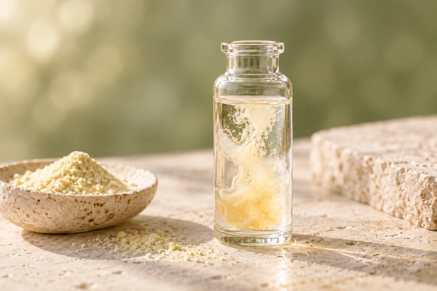 Illustrative Darstellung: Soja-Isoflavone lösen sich in einem Glas Wasser