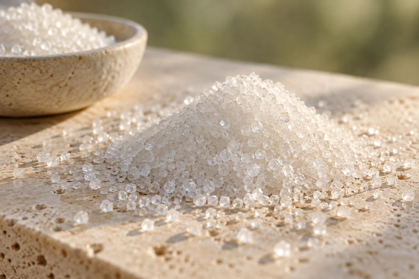 Illustrative Darstellung: Grobe, glitzernde Zuckerkristalle in Nahaufnahme