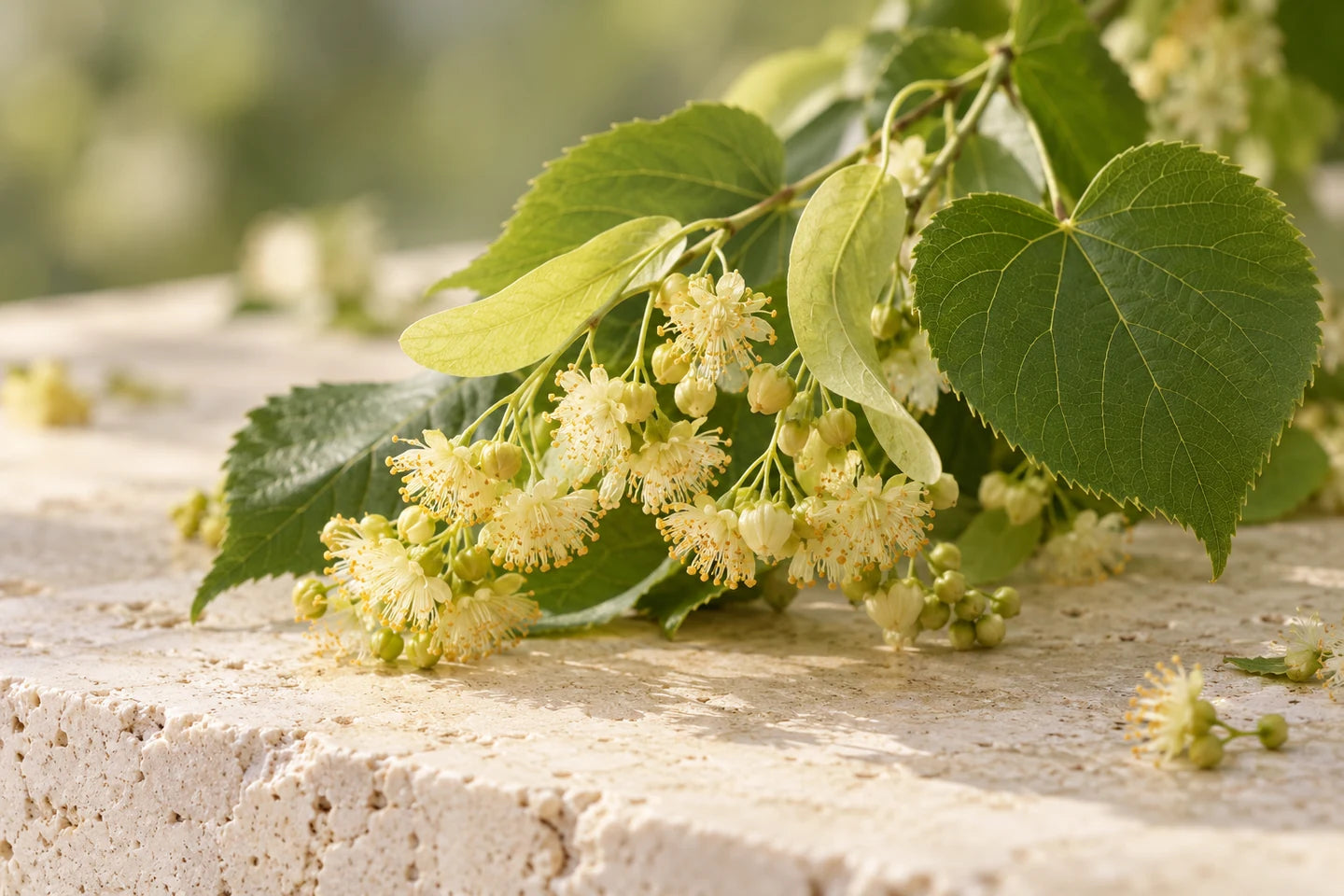 Lindenblüten an ihren hellgrünen Hochblättern mit herzförmigen Blättern