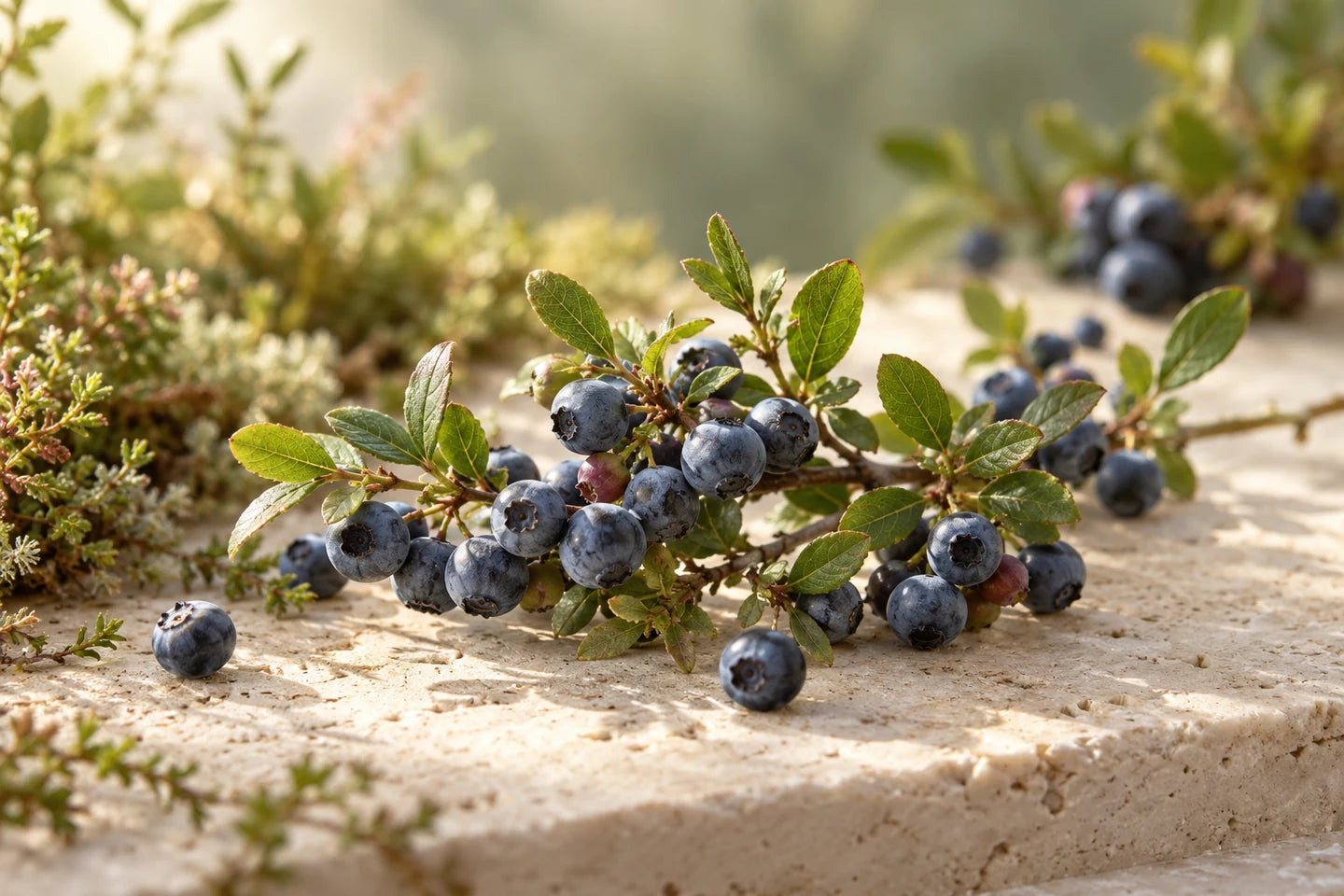Kleine bläuliche Wildheidelbeeren an niedrigen Zweigen