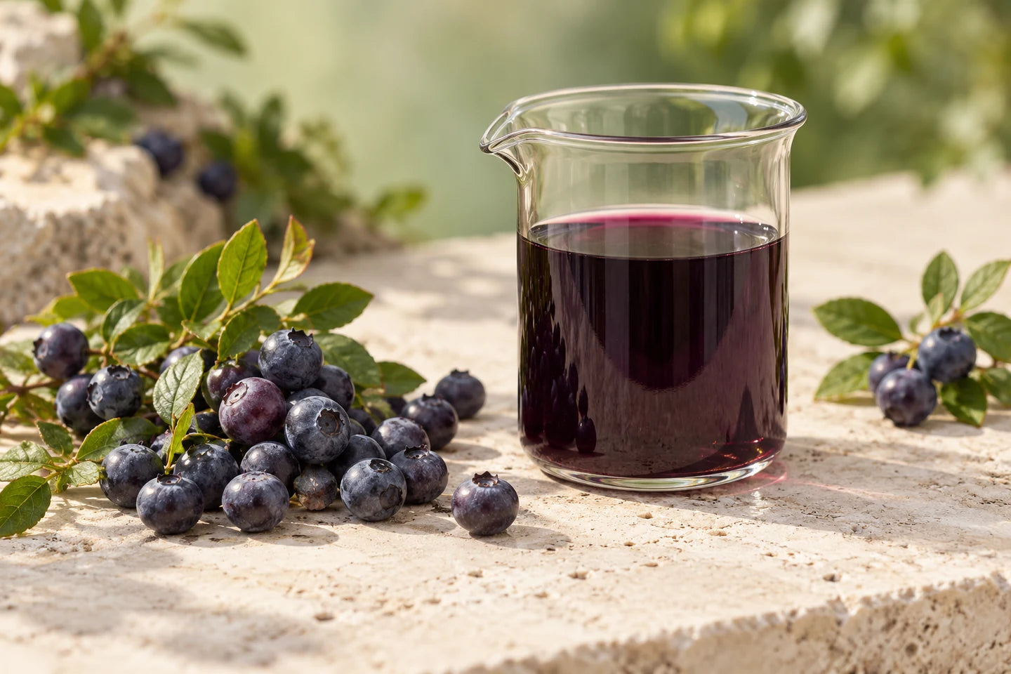 Illustrative Darstellung: Tiefvioletter Heidelbeerextrakt in einem Becherglas neben Beeren