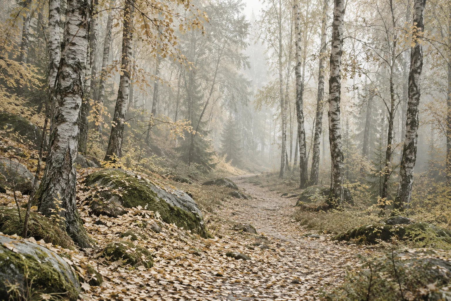 Ein stiller Birkenweg im Herbstnebel
