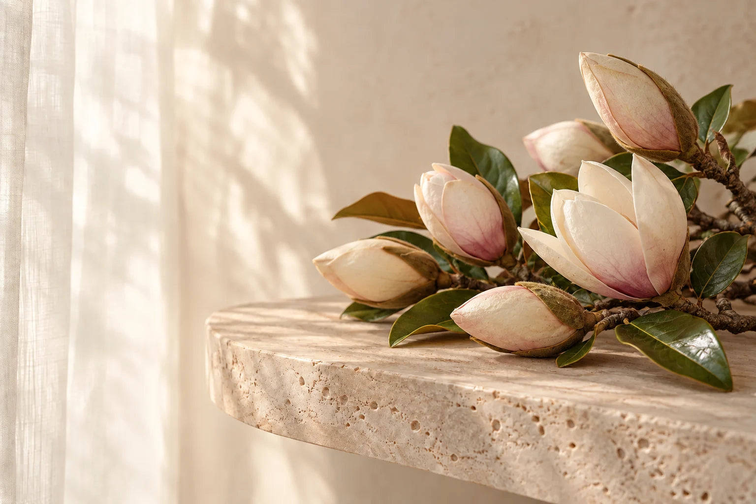 Magnolienzweig mit Knospen auf hellem Stein vor einem Leinenvorhang