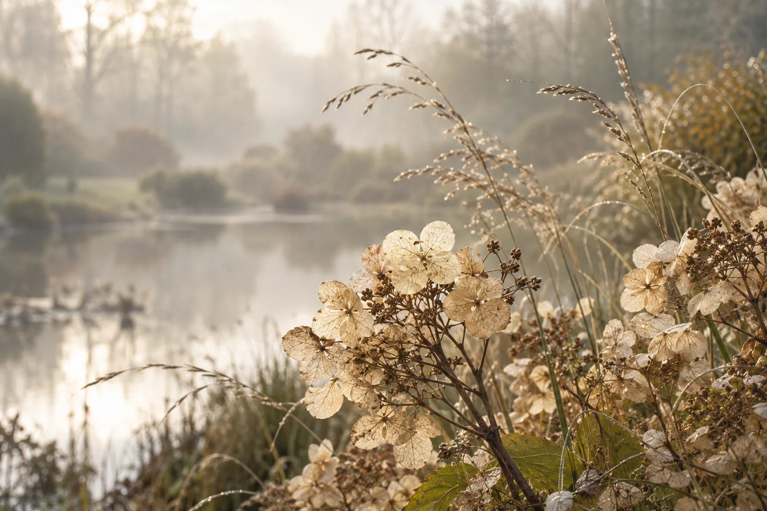 Hortensien und Gräser an einem stillen Herbstteich